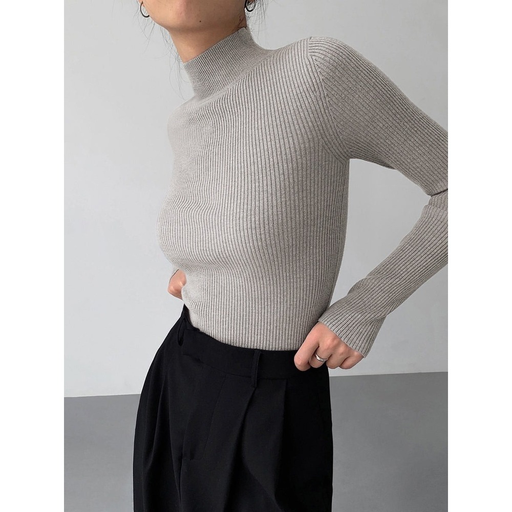 Ribbed Turtleneck Slim Fit Long Sleeve Top Basic Layering Tee‎